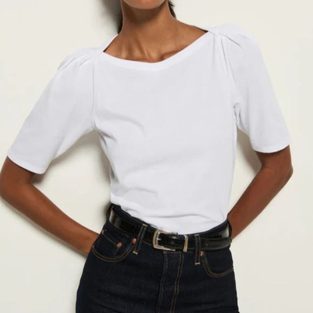 Nation LTD White Short Sleeve Top with Boat Neck and Shoulder Pleats